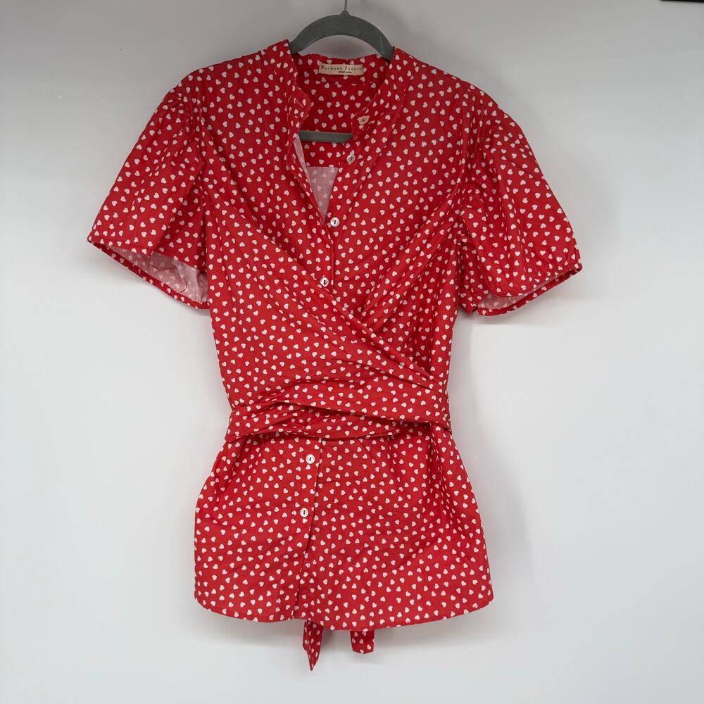Wayward Fancies eShakti Tie Back Heart Print Poplin Shirt Women 18 Orange Cotton